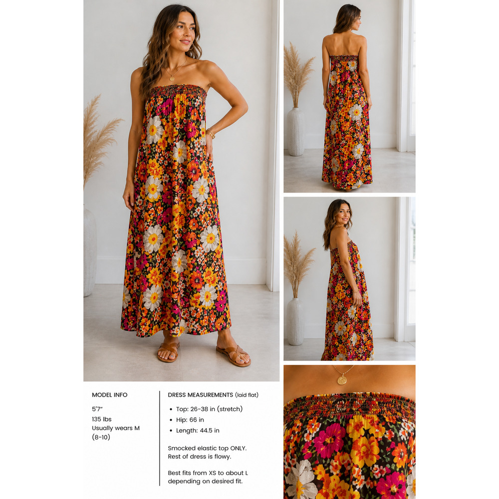 Vintage 70s Smocked Tube Dress Floral Ameritex Barkcloth Festival Maxi XS-L